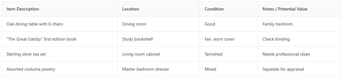 Inventory table what to Keep Sell or Donate